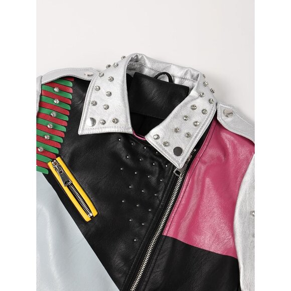 Women's faux leather Motorcycle Multicolor Jacket Zip up stand with Pockets - Picture 3 of 5